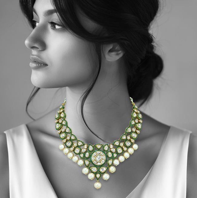 Polki Necklace with Green Enamel and Southsea Pearls